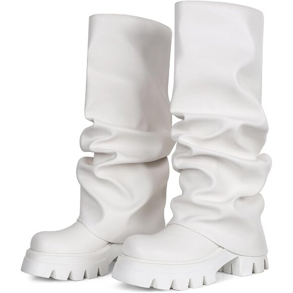 Women's White Fold Over Boots Slouchy Boots Wide Calf Pleated Platform Boots - Picture 4 of 7